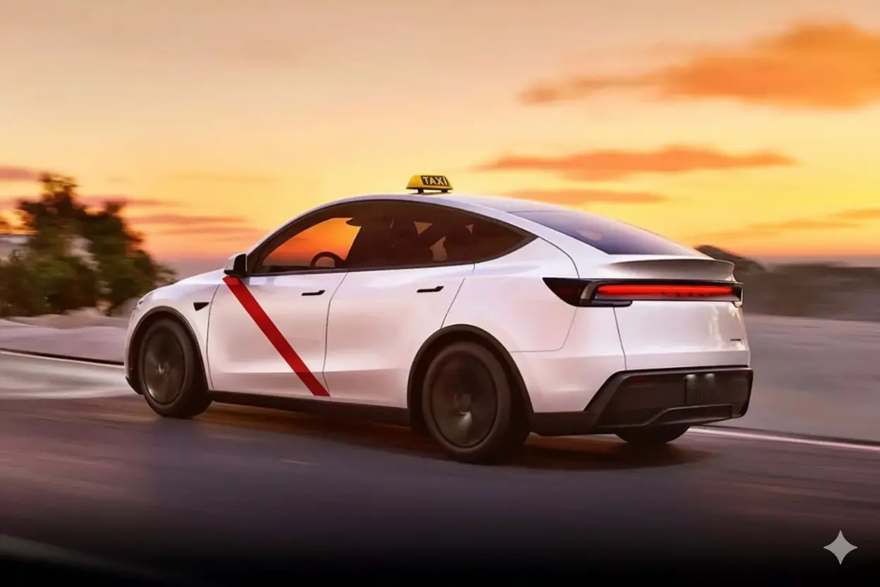 Tesla Model Y con licencia de taxi de Madrid en carretera al atardecer